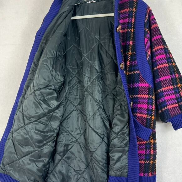 Yves Saint Laurent Coat Jacket Rive Gauche Tartan Lambswool Purple Wood Button - Picture 2 of 14